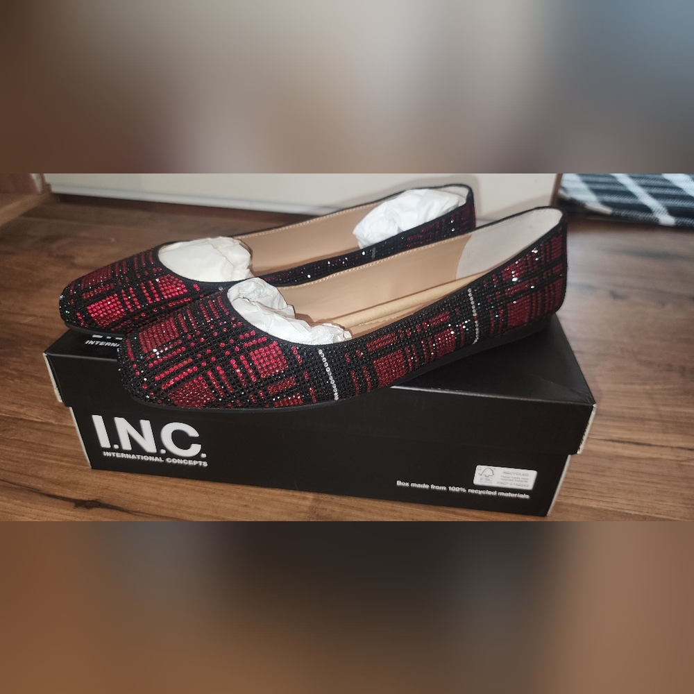 INC International Concepts Red and Black Rhinestone Plaid Ballet Flats